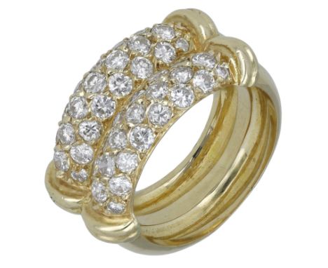 A double row diamond band ring, the domed band pavé-set to the front with a double row of brilliant-cut diamonds, total diamo