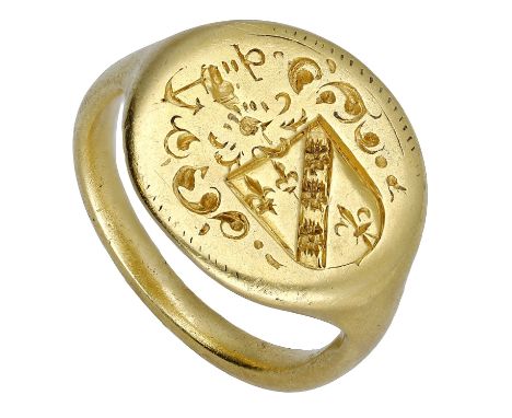 The Cockeram Ring: A fine 17th century gold seal ring, the plain hoop of D cross-section, the oval flat bezel inscribed with 