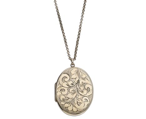A 9ct gold locket on chain, the locket with engraved foliate decoration to the front, suspended by 9ct gold belcher-link chai