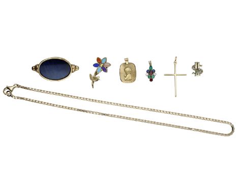 A small collection of jewellery, comprising five pendants, of which three are gem-set, a hardstone brooch and a box-link chai