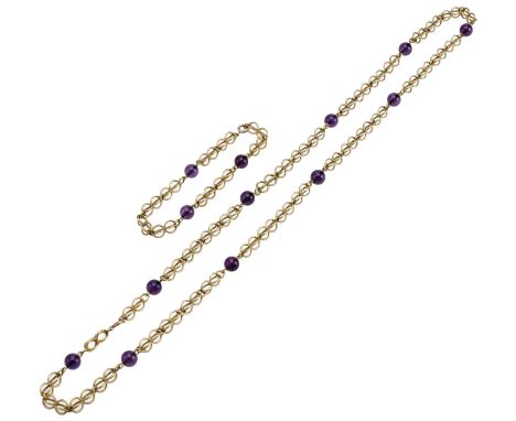 An amethyst necklace and bracelet suite, of open fancy-link chains spaced by amethyst beads, the bracelet en suite, partial 1