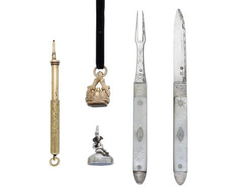 A propelling pencil by Sampson Mordan & Co, scroll engraved and with maker’s mark only, a citrine-set gilt metal fob seal, a 