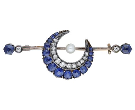 A late 19th century sapphire and diamond crescent brooch, the crescent set with graduated mixed-cut sapphires and old brillia