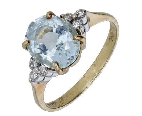 An aquamarine and diamond ring, the oval-cut aquamarine between trios of brilliant-cut diamonds, stamped ‘750’, ring size N -