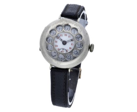Swiss. A nickel trench watch with 24-hour dial and telephone shrapnel guard, circa 1915 Movement: jewelled lever escapement, 