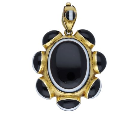 A Victorian agate mourning pendant, collet set throughout with banded agate cabochons, glazed hairwork compartment verso, gol
