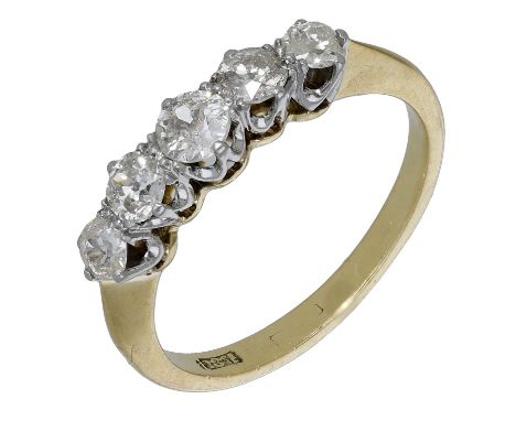 A diamond five stone ring, set with a graduated row of old brilliant-cut diamonds, stamped ‘18CT’, total diamond weight appro