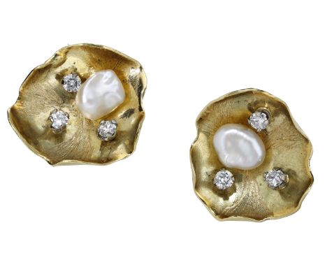 A pair of cultured pearl and diamond earrings by Vivian Pare, 1986, the 18ct gold petals each set with a freshwater cultured 
