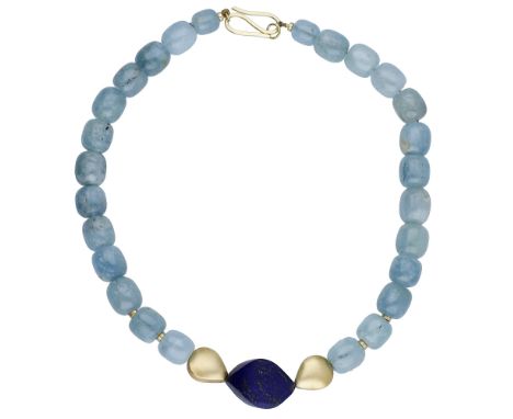 An aquamarine and lapis lazuli necklace by Jane Macintosh, the polished aquamarine beads leading to a shaped lapis lazuli cen