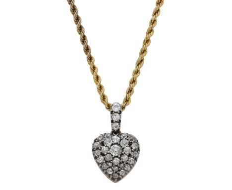 A Victorian diamond locket on chain, the heart-shaped locket mounted in gold,  the front pavé-set with old-cut and rose-cut d