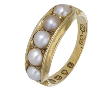 An 18ct gold half pearl ring, 1880, set to the front with five cultured half-pearls, London hallmark, ring size M.  £120-£140