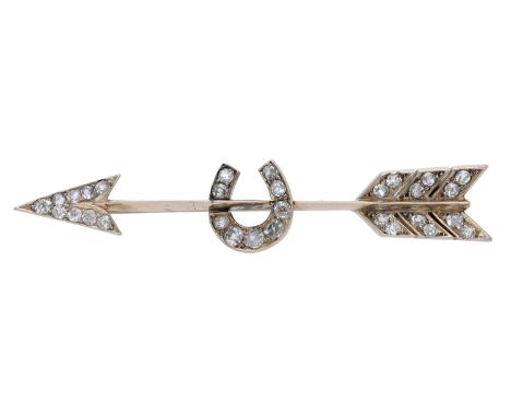 A diamond arrow brooch, the knife-edge bar intersected with a horseshoe, set throughout with old-cut diamonds, gold mounted, 