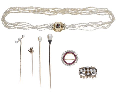 A small collection of 19th century pearl jewellery, comprising a five row seed pearl choker necklace, to a scroll engraved go