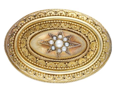A mid 19th century gold oval brooch, the central bombé section with applied half-pearl star, the surround with extensive bead