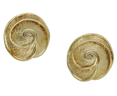 A pair of 18ct gold earrings by Vivian Pare, 1995, each designed as a textured spiral, London hallmark, maker’s mark, length 