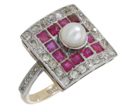 An early 20th century dress ring, set with a half-pearl in a checkerboard surround of square-cut rubies within a border of va