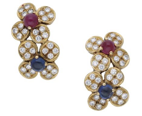 A pair of gem-set earrings by Vourakis, of flowerhead design, set with sapphire and ruby cabochons and pavé-set brilliant-cut