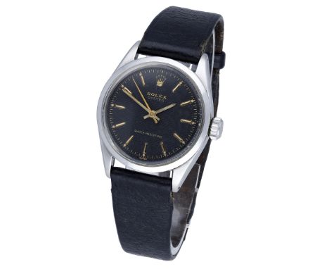 Rolex. A stainless steel wristwatch, Ref. 6444, Oyster, circa 1955 Movement: manual winding, 17 jewels. Dial: black honeycomb