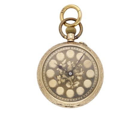 Swiss. A lady’s gold open-faced keyless watch, circa 1890. Movement: cylinder escapement. Dial: gilt, engine-turned circular 