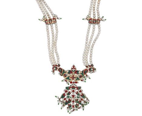 A Mughal style necklace, the three-strand simulated pearl necklace spaced by red, white, and green foliate enamel panels, wit