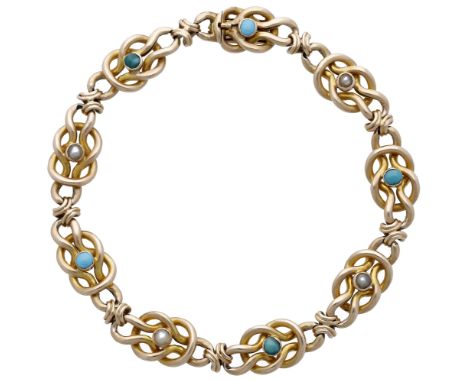 A late Victorian turquoise and seed pearl bracelet, the fancy-link gold bracelet alternately set with turquoise cabochons and