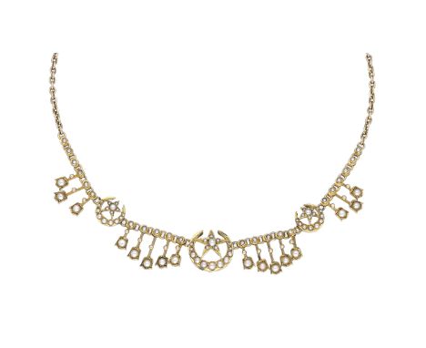 A late 19th century gold seed pearl fringe necklace, with crescent and star motifs set throughout with seed pearls, with simi