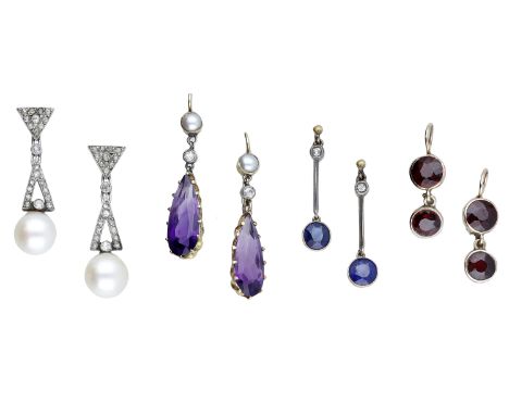 Four pairs of earrings, comprising a pair of Art Deco diamond and pearl ear pendants, a pair of amethyst, pearl and old-cut d