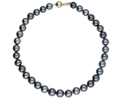 A cultured pearl necklace, the black cultured pearls slightly graduated and  terminating in a spherical clasp, stamped ‘14K’,