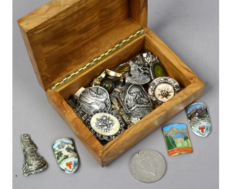 A box of mixed brooches, medals and walking stick souvenir badges etc.