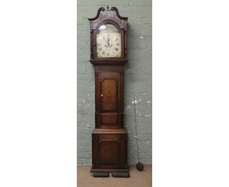 A George II oak and mahogany 8 day longcase clock by Robert Gadsby of Leicester with painted arch top dial, subsidiary dial a