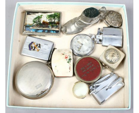 A box of collectables including gwenda foil compact, novelty pin cushion and pocket watch etc.