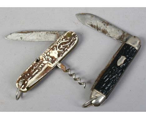 Two multi blade folding pocket knives one with stag antler scales.