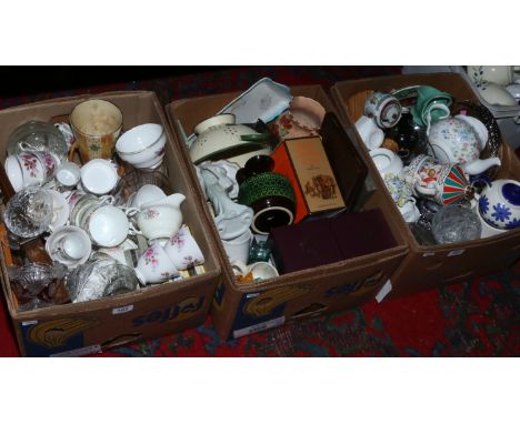 Three boxes of miscellaneous to include bone china teawares, Sadler, oak wall barometer etc.