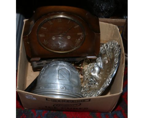 A boxed of mixed metalwares to include Smiths mantle clock.