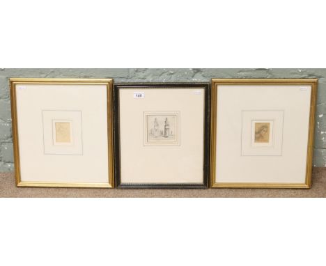 A pair of gilt framed portrait pencil drawings, signed Priest, along with a framed engraving.