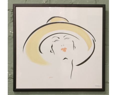 Fashion study, a framed watercolour, portrait of a lady wearing a hat, titled Jean. 