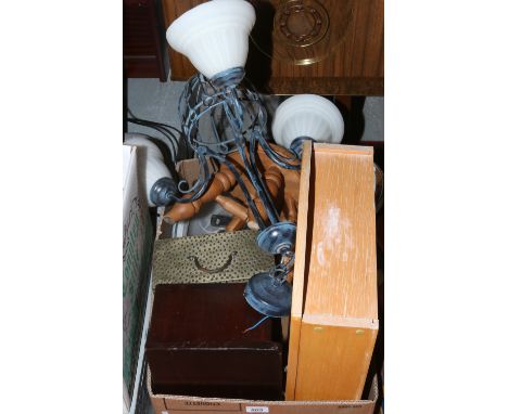 A box of household items including pine bathroom cabinet, shaving mirror, stool and light fittings etc.