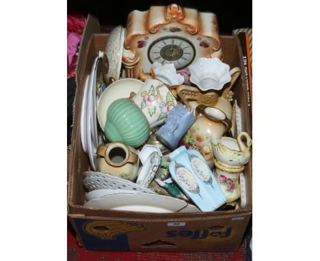 A box of miscellaneous to include large pottery mantle clock, Crown Devon, George Jones & Sons, Noritake etc.