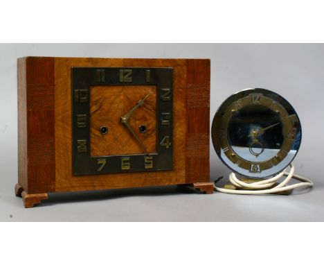 An Art Deco oak cased mantel clock by H. A. C along with a vintage Smiths mantel clock.