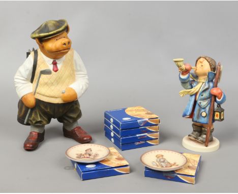 A limited edition Goebel figure of a boy, along with six boxed Goebel miniature plates etc.