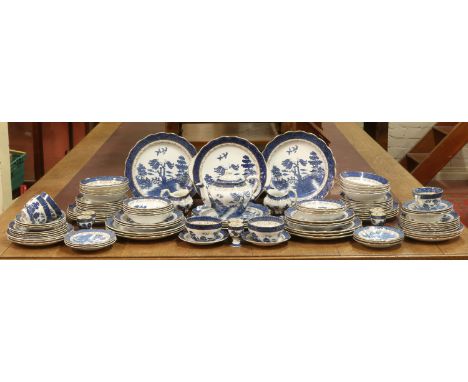 A Booths Real Old Willow pattern part dinner and tea service, including teapot and egg cups, approximately 100 pieces.