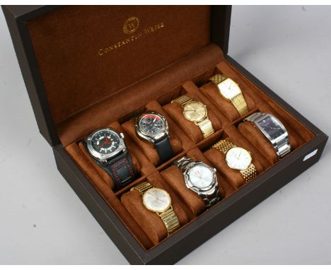 A gentlemans fitted eight watch case and watches including two vintage manual examples.