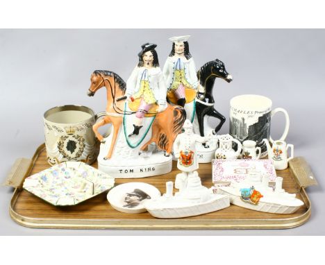 A collection of pottery and china including a pair of Victorian Staffordshire equestrian figures (one broken) assorted creste