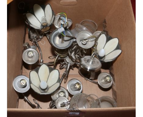 A box of light fittings to include two ceiling lights, and a pair of twin branch wall lights. Condition Report. To be used as
