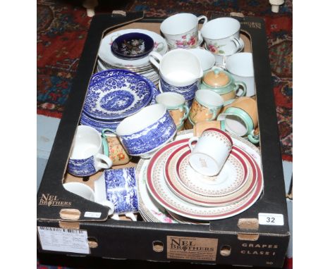 A box of dinner, tea and coffee wares to include Japanese six place coffee set and Broadhurst Ironstone part tea set etc.