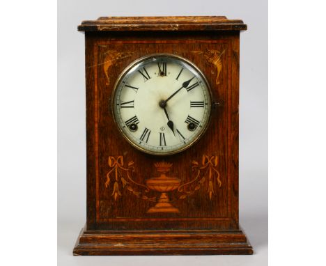A 19th century oak cased 8 day mantel clock with Adams revival marquetry inlay, no pendulum.