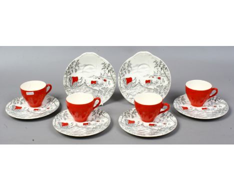 A part tea service of four breakfast cups and six saucers by Washington Pottery Limited in the wagon trail pattern.