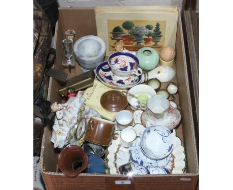 A box of mixed ceramics etc including a Sitzendorf style clock case, Torquay vase and Royal Worcester etc.