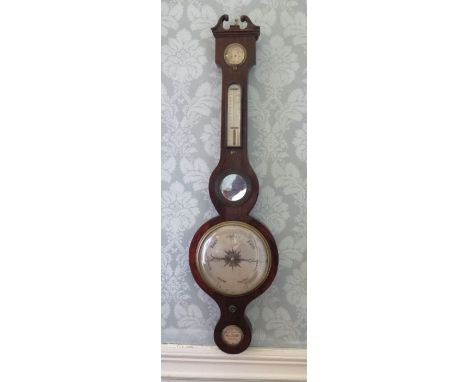 An early Victorian rosewood wheel barometer signed J.Fattorini, York with swan neck pediment, hygrometer, thermometer box, ci