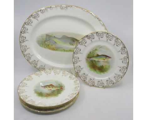 A set of Cauldon China fish scene plates and a platter. Factory marks to base. Platter 38 cm wide, plates 23cm wide. Some lig